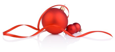 Three red christmas ball and tape Isolated on white backgroundの写真素材