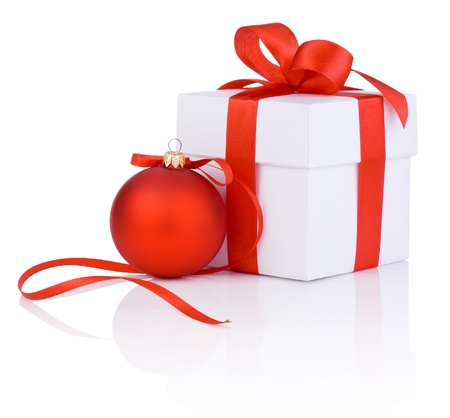 White boxs tied with a red satin ribbon bow and christmas ball Isolated on white backgroundの写真素材