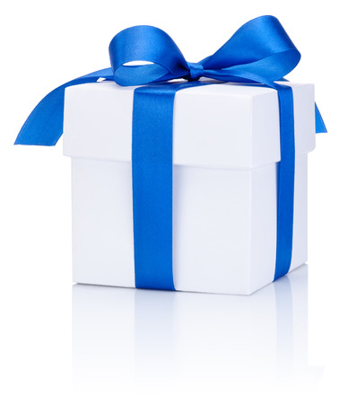 One White boxs tied Blue satin ribbon bow Isolated on white backgroundの写真素材