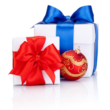 Two White boxs tied with Red and Blue satin ribbon bow, Christmas balls Isolated on white backgroundの写真素材
