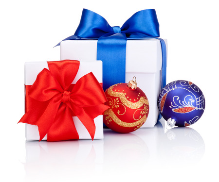 Two White boxs tied with Red and Blue satin ribbon bow, Christmas balls Isolated on white backgroundの写真素材