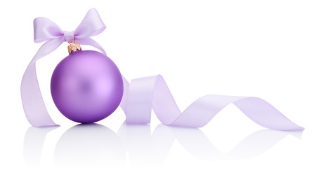 Purple Christmas Bauble with ribbon bow Isolated on white backgroundの写真素材