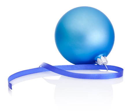 Blue Christmas Bauble with ribbon Isolated on white backgroundの写真素材