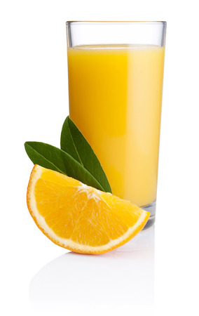 Orange juice and slice of orange with Leafs isolated on whiteの写真素材