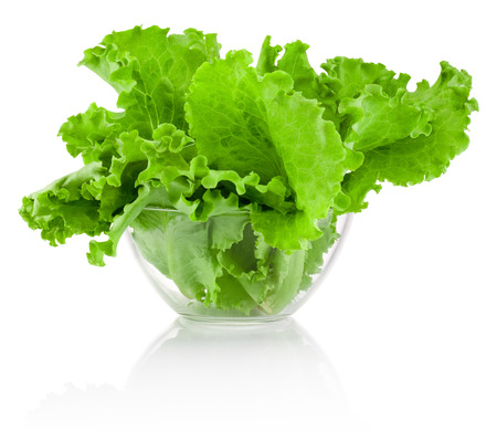 Fresh leaves green Lettuce in transparent bowl isolated on whiteの写真素材