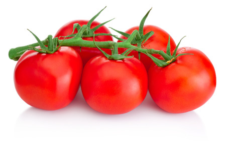 Ripe Cherry tomatoes on branch isolated on white backgroundの写真素材