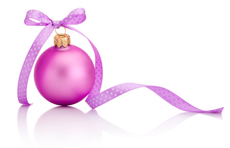 Pink Christmas ball with ribbon bow Isolated on white backgroundの写真素材