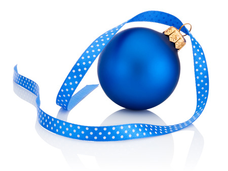 Blue Christmas ball with ribbon bow Isolated on white backgroundの写真素材