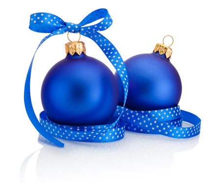 Two blue Christmas ball with ribbon bow Isolated on white backgroundの写真素材