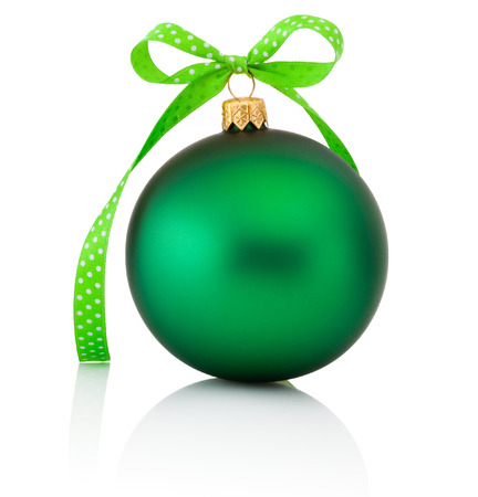 Green Christmas ball with ribbon bow Isolated on white backgroundの写真素材