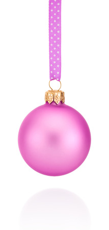 Pink Christmas ball hanging on ribbon Isolated on white backgroundの写真素材