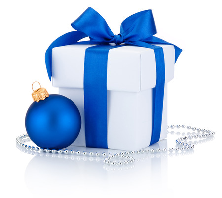 White box tied blue ribbon bow and Christmas ball  Isolated on white backgroundの写真素材