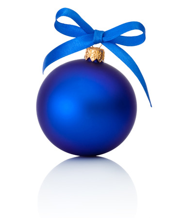 Blue Christmas ball with ribbon bow Isolated on white backgroundの写真素材