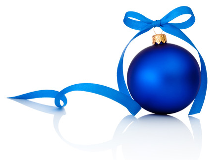 Blue Christmas ball with ribbon bow Isolated on white backgroundの写真素材