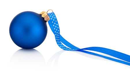 Blue Christmas ball with ribbon Isolated on white backgroundの写真素材