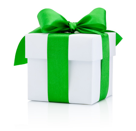 White gift box tied green ribbon Isolated on white backgroundの写真素材
