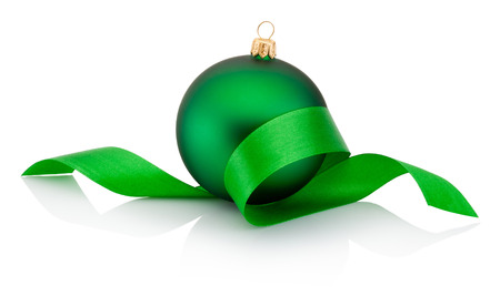 Green Christmas bauble covered with curled ribbon Isolated on white backgroundの写真素材