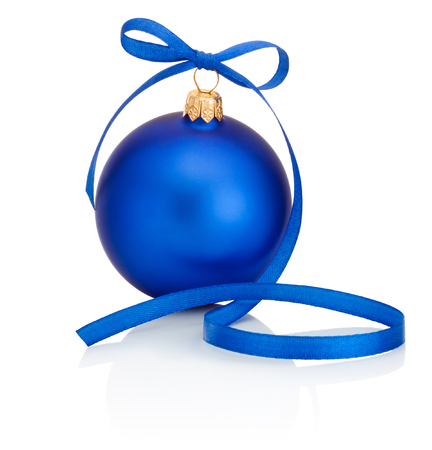 Blue Christmas bauble with ribbon bow Isolated on white backgroundの写真素材