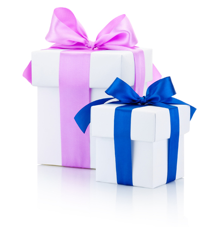 Two white gift boxes tied pink and blue ribbons bow Isolated on white backgroundの写真素材
