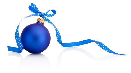 Blue Christmas bauble with ribbon bow Isolated on white backgroundの写真素材