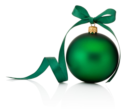 Green Christmas bauble with ribbon bow isolated on white backgroundの写真素材