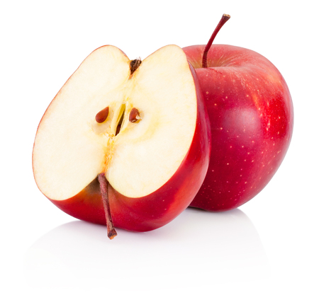 One and a half red apples isolated white backgroundの写真素材