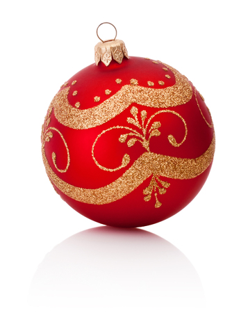 Red Christmas decoration bauble isolated on white backgroundの写真素材