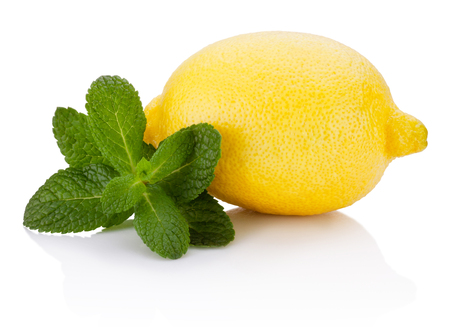 Fresh fruit lemon with leaf green mint isolated on white backgroundの写真素材