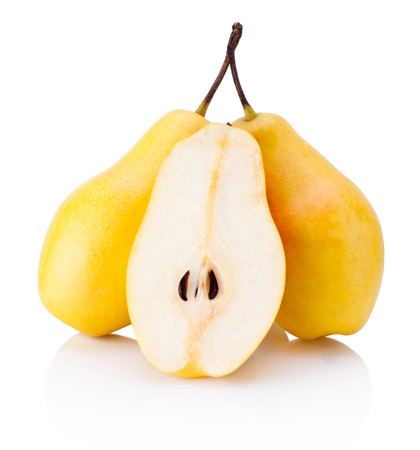 Ripe yellow pear fruits isolated on white backgroundの写真素材