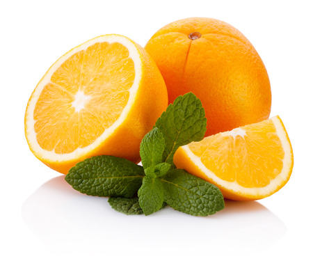 Fresh orange fruit with leaf mint isolated on white backgroundの写真素材