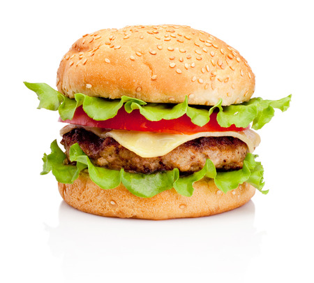 Fresh tasty burger isolated on white backgroundの写真素材