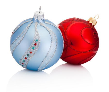 Blue and Red Christmas decoration baubles isolated on white backgroundの写真素材