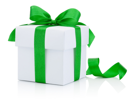 White gift box tied green ribbon bow Isolated on white backgroundの写真素材