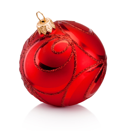 Red Christmas decoration bauble isolated on white backgroundの写真素材