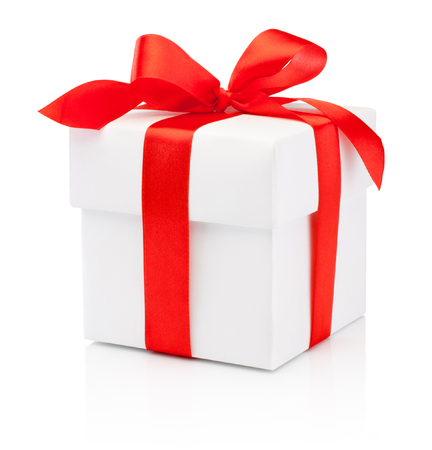 White gift box tied burgundy ribbon bow Isolated on white backgroundの写真素材
