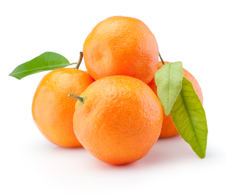 Fresh tangerines oranges fruit with leaves isolated on white backgroundの写真素材
