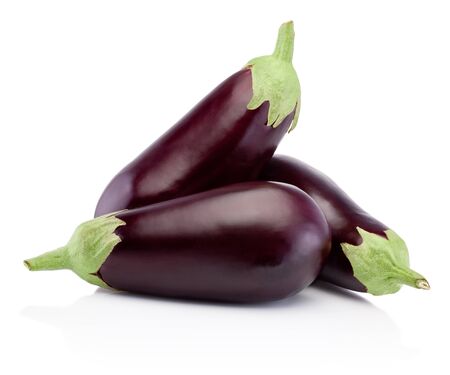 Three fresh eggplants isolated on a white backgroundの写真素材