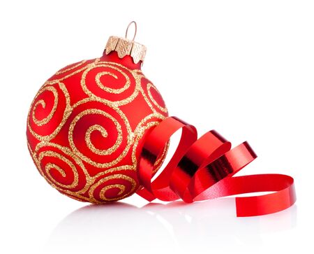 Christmas red decoration bauble and curling paper Isolated on a white backgroundの写真素材