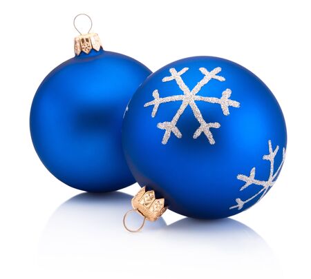 Two blue Christmas decoration bauble with ribbon bow isolated on a white backgroundの写真素材