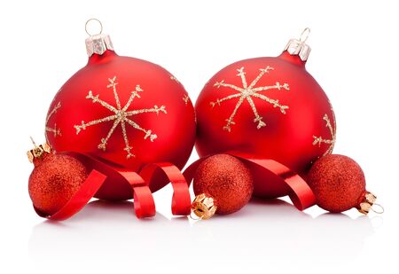 Christmas red decoration baubles and curling paper Isolated on white backgroundの写真素材