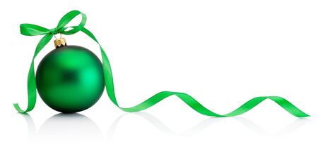 Christmas green bauble with ribbon bow isolated on a white backgroundの写真素材