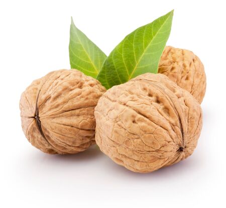 Whole walnut with leafs isolated on a whiteの写真素材