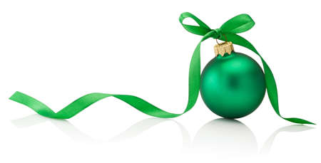 Christmas green bauble with ribbon bow isolated on a white backgroundの写真素材