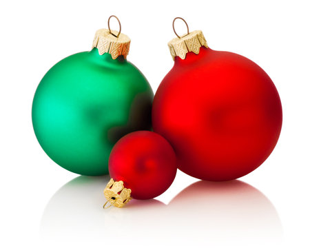 Three Christmas baubles Isolated on a white backgroundの写真素材