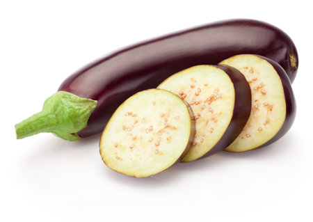 Sliced eggplant vegetable isolated on a white backgroundの写真素材