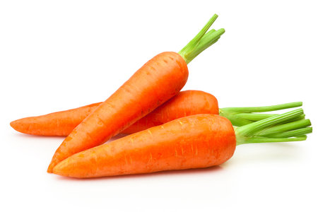 Three carrot vegetables isolated on a white backgroundの写真素材