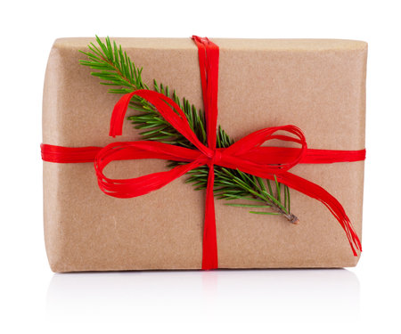 Christmas gift in kraft paper tied red braid and pine tree branch Isolated on a white backgroundの写真素材