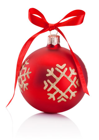 Christmas red decoration bauble with ribbon bow isolated on a white backgroundの写真素材