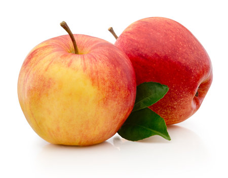 Two ripe red apple fruit and green leaves isolated on a white backgroundの写真素材