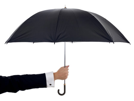 concept of protection or a helping hand. a arm holding out an umbrella isolated on a white backgroundの写真素材